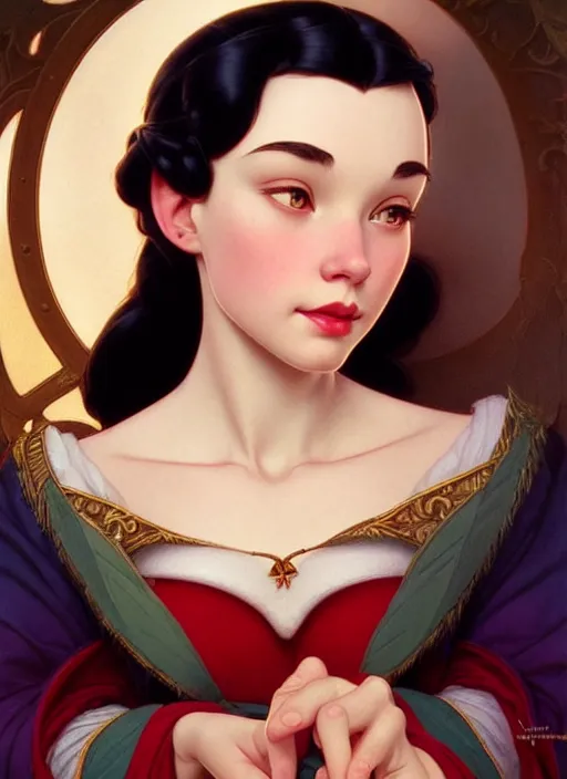 Image similar to portrait of disney snowhite, intricate, elegant, highly detailed, my rendition, digital painting, artstation, concept art, smooth, sharp focus, illustration, art by artgerm and greg rutkowski and alphonse mucha and uang guangjian and gil elvgren and sachin teng, symmetry!!