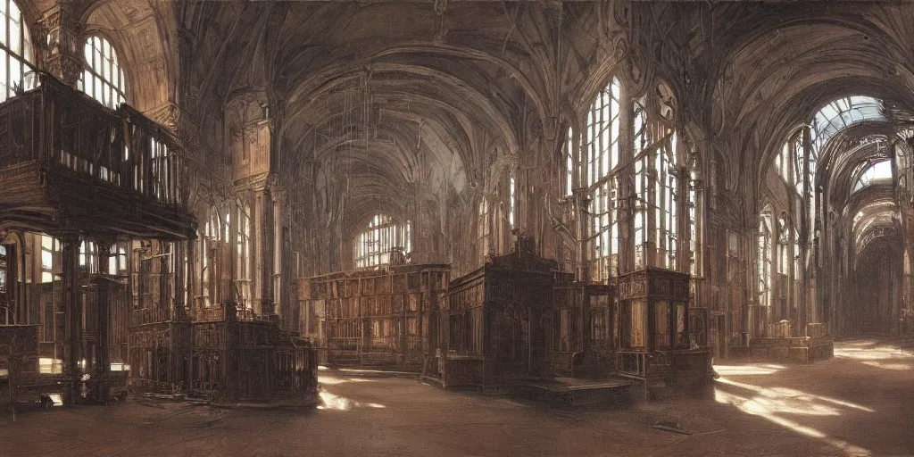 Image similar to interior, pipe organ factory, fantasy, 19th century, ghostly smoke, highly detailed, Artstation, oil on canvas painting by caravaggio and alan lee and john howe