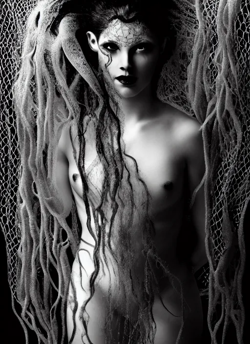 Prompt: surreal mythical dreamy dark artistic black and white fine art photo of a beautiful young female medusa - mermaid - cyborg covered with translucent algae, highly detailed, lace web, rim light, cinematic, studio dramatic light, poetic, octane render, 8 k, photo - realistic, by horst p. horst