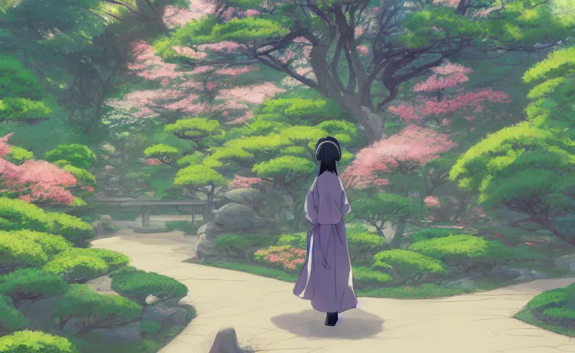 Prompt: An anime girl in a kimono, walking through a traditional Japanese garden, anime scenery by Makoto Shinkai, digital art