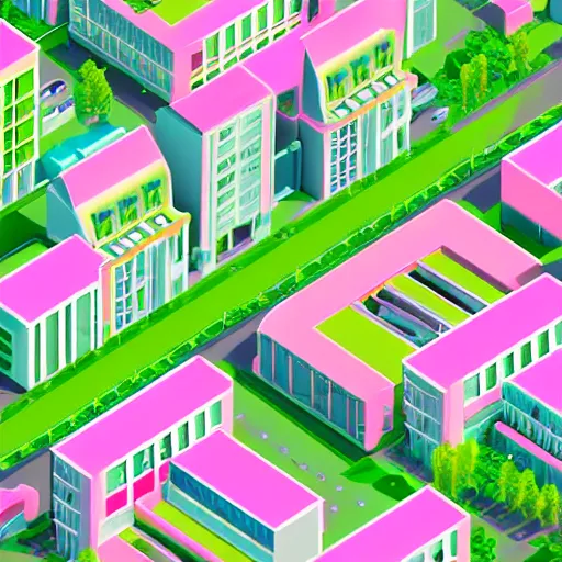 Prompt: isometric illustration of a dense urban city, lots of tall buildings and trees, pastel green and pastel pink colors, fun, soft, highly detailed, 3d render, playful, sharp lines, toon shader