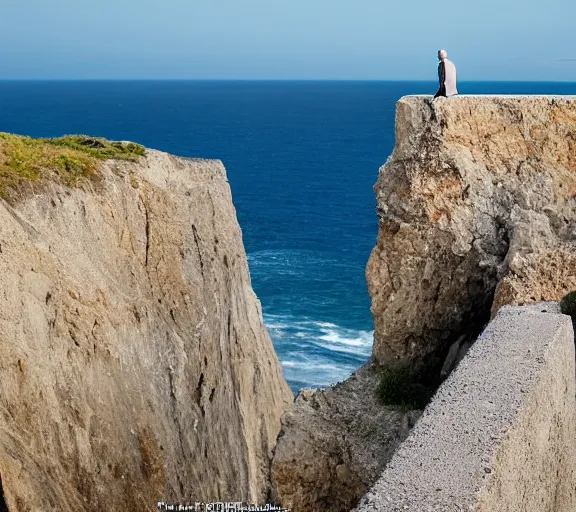 Image similar to a slender grey cat standing on a cliff overlooking a beach. hyper realistic and anamorphic 2 0 1 0 s movie still of giovanni falcone, by paolo sorrentino, leica sl 2 3 0 mm, beautiful color, high quality, high textured, lens flare, refined face and muzzle.