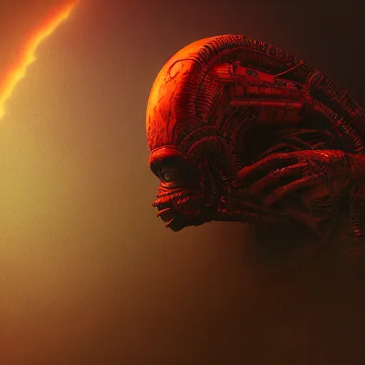 Image similar to powerful alien creature, black mos eisley, dark clouds, dream - like heavy atmosphere, red tones, baroque painting, beautiful detailed intricate insanely detailed octane render trending on artstation, 8 k artistic photography, photorealistic, dramatic volumetric cinematic light, award - winning photograph, masterpiece, raphael, caravaggio, beksinski