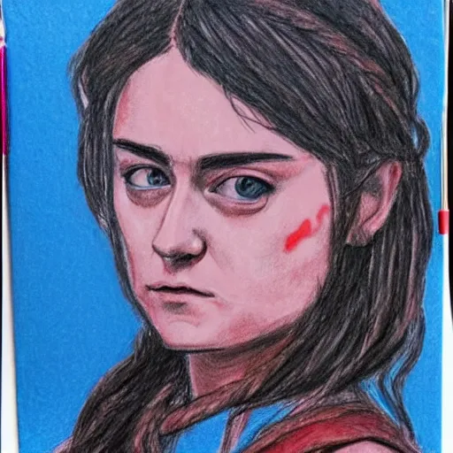 Prompt: loosely sketch of venus arya stark drawn with red and blue ballpoint on white paper