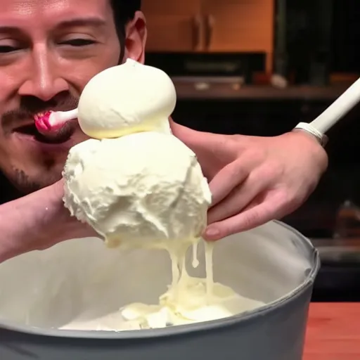 Image similar to markiplier slurping from a bucket of cream using a ladle, but spilling it all over his face and abs