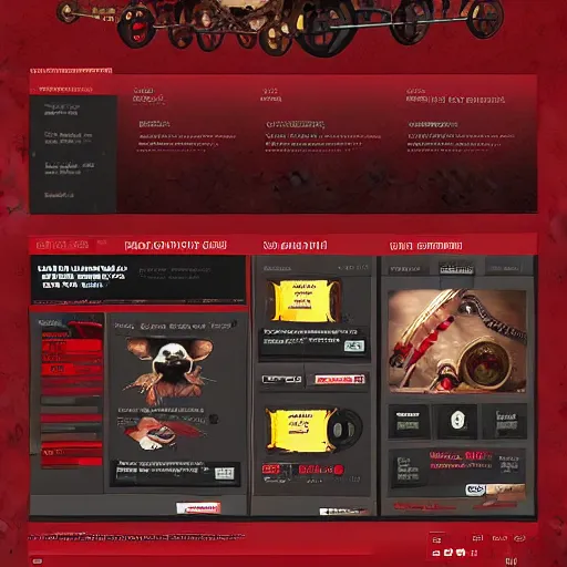 Prompt: a full ux layout of a steampunk mechanical dog dashboard and marketplace site design, red theme.