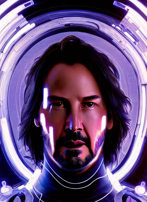Image similar to symmetry portrait of keanu reeves, sci - fi, tech wear, glowing lights intricate, elegant, highly detailed, digital painting, artstation, concept art, smooth, sharp focus, illustration, art by artgerm and greg rutkowski and alphonse mucha