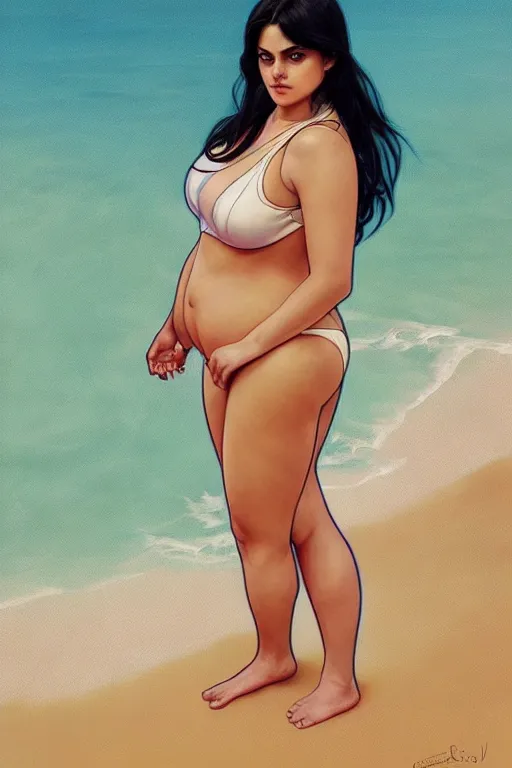 Prompt: very obese camila mendes in swimsuit, realistic, symmetrical, highly detailed, digital painting, artstation, concept art, smooth, sharp focus, illustration, cinematic lighting, art by artgerm and greg rutkowski and alphonse mucha