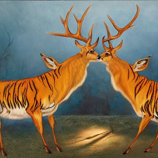 Prompt: a painting of deer in tiger skin and tiger in deer skin facing each other, their heads bowed towards ground by esao andrews