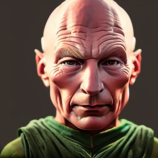 Image similar to a hyper real comic book style portait painting of captain picard with baby yoda on his chest, unreal 5, hyperrealistic, octane render, cosplay, rpg portrait, dynamic lighting