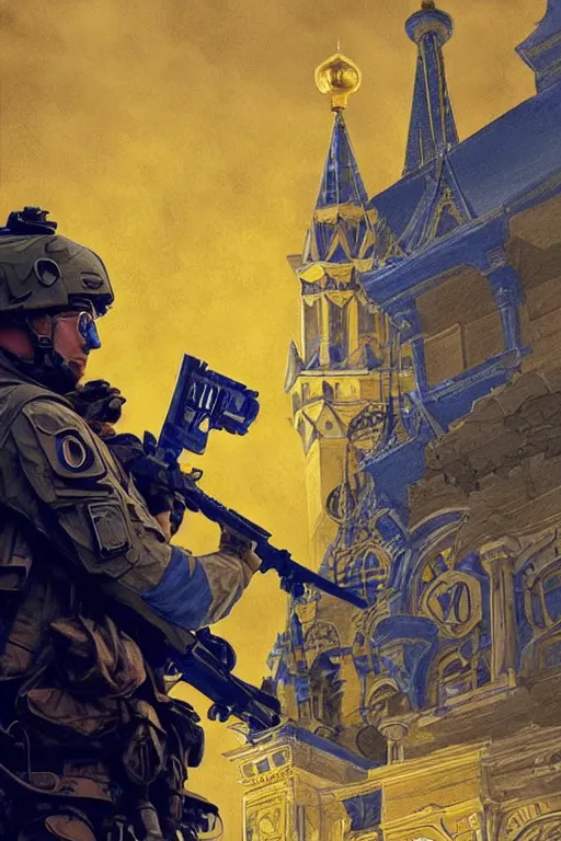 Image similar to special forces soldier installin ukrainian blue and yellow flag on red square kremlin, masculine figure, d & d, fantasy, bright atmosphere, volumetric lights, intricate, elegant, extremely detailed, digital painting, artstation, concept art, matte, smooth, sharp focus, hyper realistic, illustration, art by artgerm and greg rutkowski and alphonse mucha