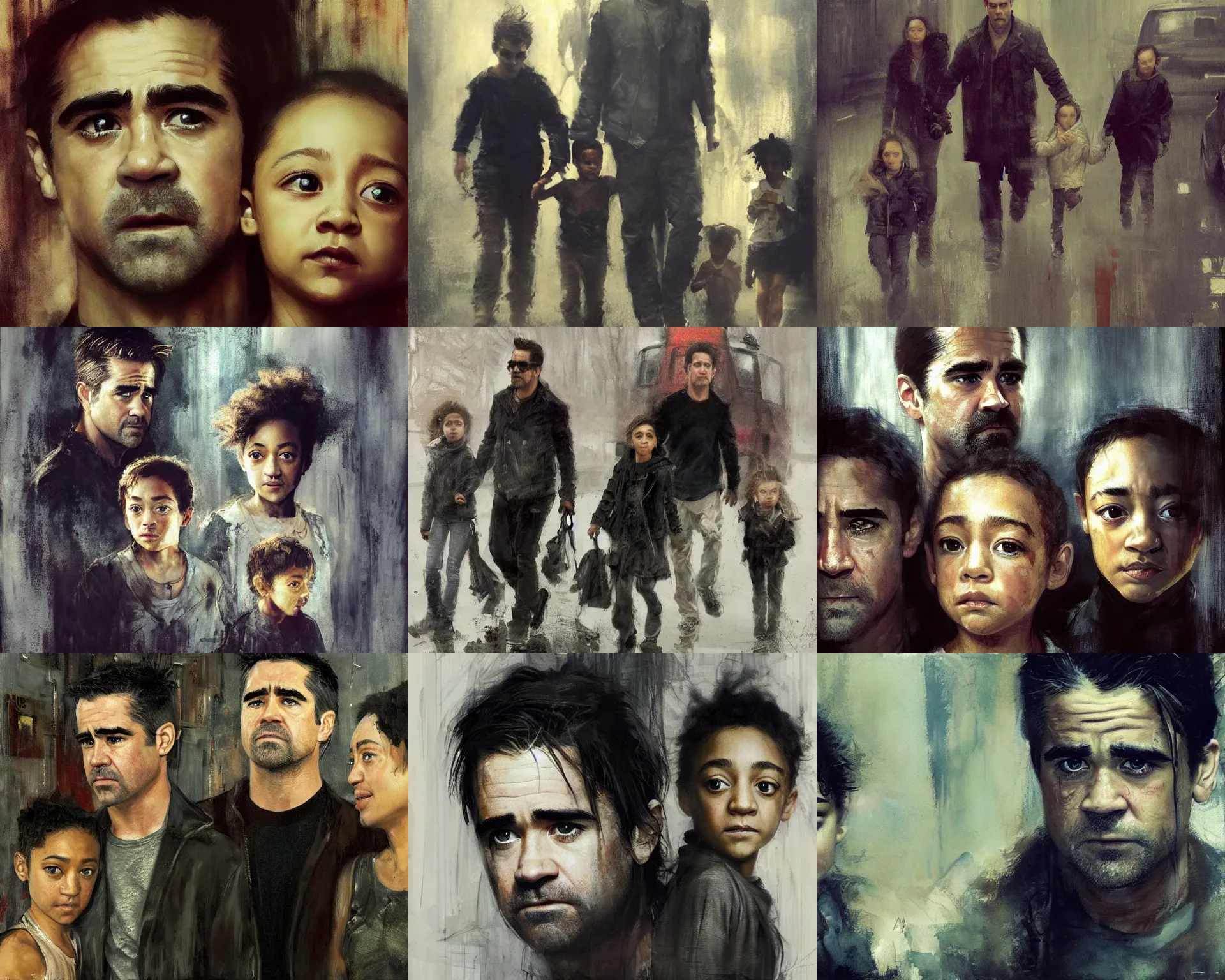 Prompt: family, colin farrell and ruth negga and kids on the run, detailed face, highly detailed, by jeremy mann