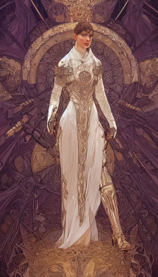 Image similar to soldiers in white armor, highly detailed, very intricate, art nouveau, gold filigree, left right symmetry, tarot concept art watercolor illustration by mandy jurgens and alphonse mucha and alena aenami, featured on artstation