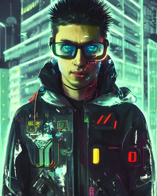 Image similar to detailed portrait Xavier Singy Neon Operator boy, cyberpunk futuristic neon, reflective puffy coat, decorated with traditional Japanese ornaments by Ismail inceoglu dragan bibin hans thoma greg rutkowski Alexandros Pyromallis Nekro Rene Maritte Illustrated, Perfect face, fine details, realistic shaded, fine-face, pretty face