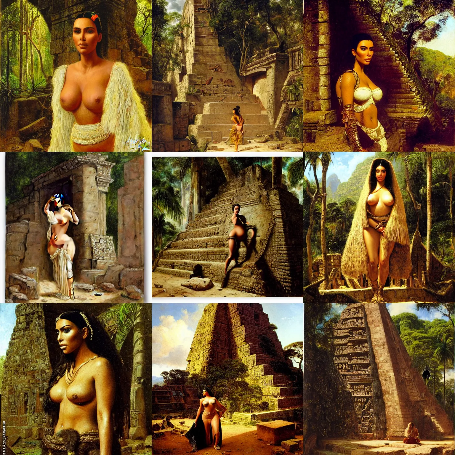 Prompt: detailed portrait of kim kardashian in mayan pyramid jungle ruins by rudolf ernst, john frederick lewis, jean - leon gerome, rudolf weisse, david roberts, charles theodore frere, alfred dehodencq, orientalism