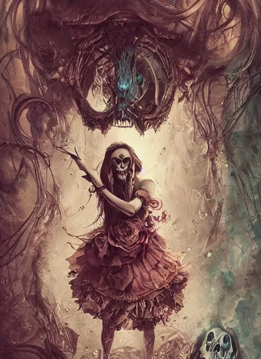 Image similar to Angry Alice in Wonderland, Death Tarot card,highly detailed,half skull face,cinematic,8k,by Stanley Artgermm,Tom Bagshaw,Greg Rutkowski,Carne Griffiths, Ayami Kojima, Beksinski, Giger,trending on DeviantArt,hyper detailed,horror, full of colour