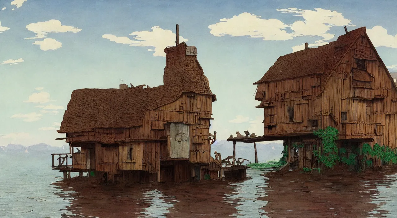 Prompt: single! flooded simple wooden ancient outpost, very coherent and colorful high contrast!! masterpiece by rene magritte simon stalenhag carl spitzweg syd mead norman rockwell edward hopper james gilleard, minimalist, dark shadows, sunny day, hard lighting