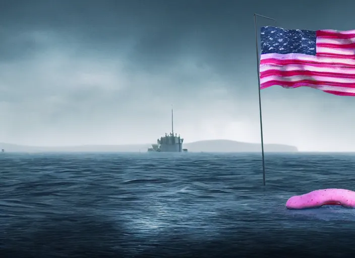 Image similar to a pink donut with an american flag sticking out of it in an underwater desert. a submarine is visible in the distance. dark, concept art, cinematic, dramatic, atmospheric, 8 k, trending on artstation, blue, fish, low visibility, light rays, extremely coherent, bubbles, fog, ocean floor, christopher nolan, interstellar
