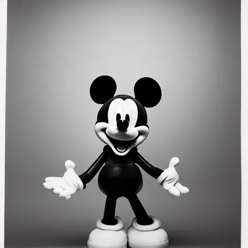 Image similar to studio photography of a psychologically scary Mickey Mouse grinning, backlighting, dark ambient