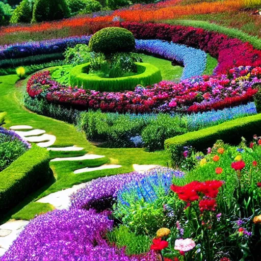 Image similar to a gorgeous garden on the edge of a cliff filled with beautiful flowers of all colors and from all around the world