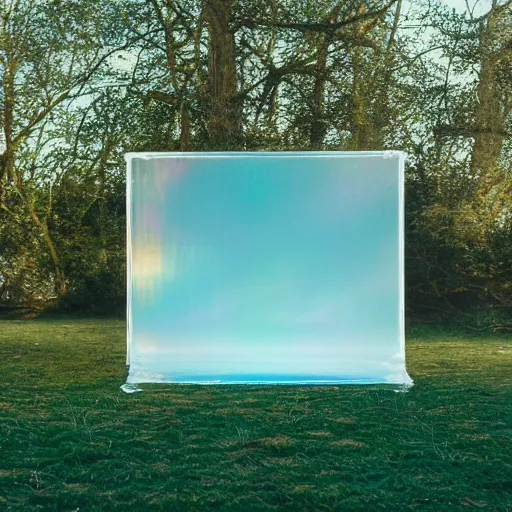 Image similar to a pastel coloured Polaroid photo of a luxurious sun bed and sun shade made of transparent iridescent perspex stood in a field, beams of light, nostalgic