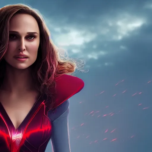 Image similar to Natalie Portman as scarlet witch from MCU, highly detailed, artstation, 8K HDR, sunset.