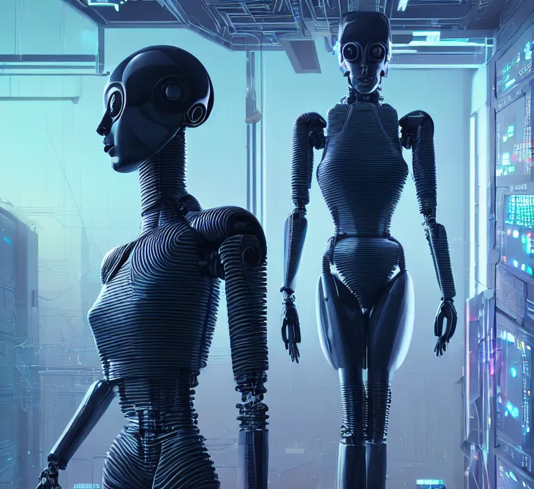 Prompt: hyperrealism stock photography of highly detailed stylish humanoid robot in sci - fi cyberpunk style by gragory crewdson and vincent di fate with many details by josan gonzalez working at the highly detailed data center by mike winkelmann and laurie greasley hyperrealism photo on dsmc 3 system rendered in blender and octane render