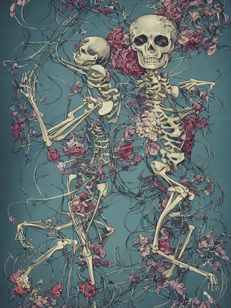 Image similar to a skeleton covered in flowers in a dynamic pose, art nouveau, james jean, peter mohrbacher, highly detailed, vivid lighting,