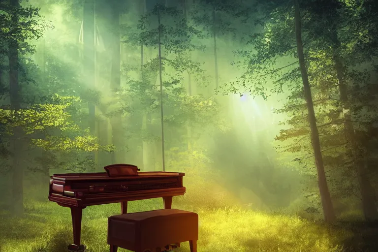 Image similar to a piano standing in the forest, beautiful dynamic lighting, cinematic, wide angle establishing shot, extremely high detail, cinematic lighting, post processed, concept art, artstation, matte painting