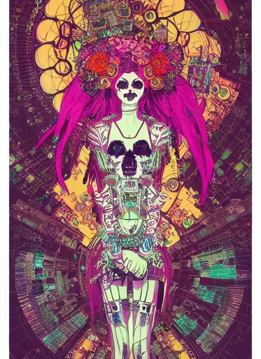 Image similar to cute punk goth fashion hippy fractal Día de los Muertos alien girl wearing kimono made of circuits and leds by Zhang Jingna, poster art by Dan Mumford Kilian Eng Hannah Jeffrey Smith Rick Griffin Alphonse Mucha