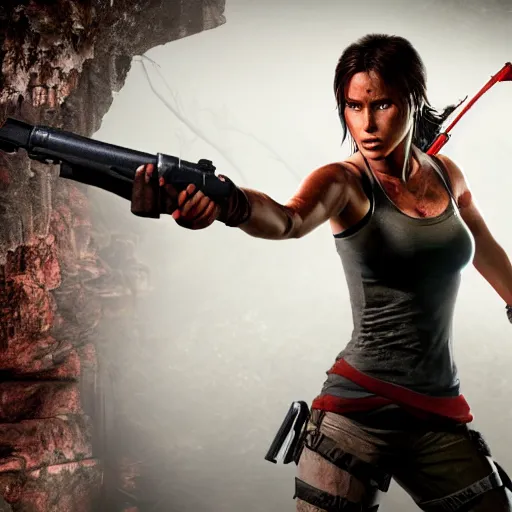 Prompt: photo of tomb raider from angel of darkness wearing red dress with gun shooting high resolution
