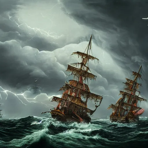 Prompt: a highly detailed hyperrealistic scene of a ship being attacked by giant squid tentacles, jellyfish, squid attack, dark, voluminous clouds, thunder, stormy seas, pirate ship, dark, high contrast, giant sea monster attacking from the clouds