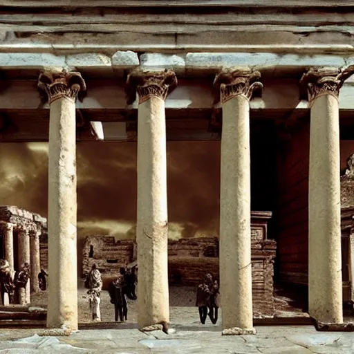 Image similar to Beautiful Promotional Photograph of ancient Roman McDonalds, wideshot,longshot,fullshot.