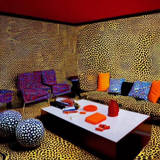 Prompt: A living room with interior design by Yayoi Kusama