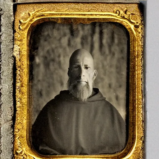 Image similar to tintype photograph of medieval monk, medieval abbot, italian monastery, medieval photograph