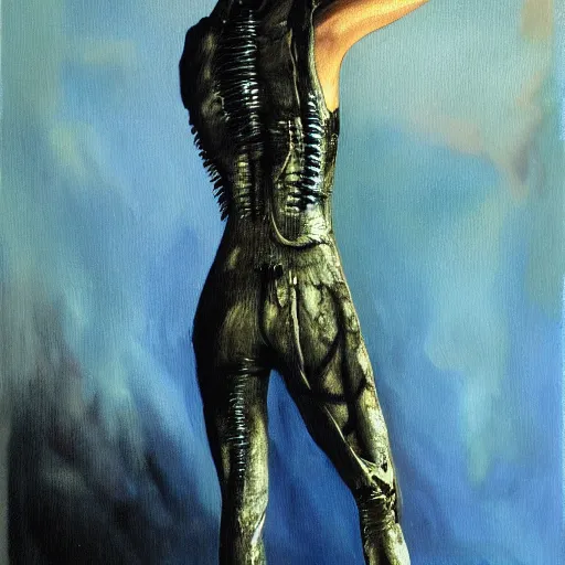 Prompt: realistic painting of ripley wearing a skimpy jumpsuit designed by H.R. Giger, eerie fog, oil painting