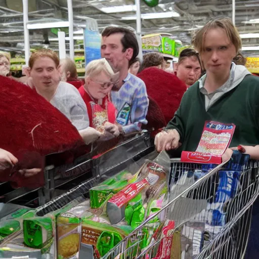 Prompt: hobbits in Asda looking at the cheap meat