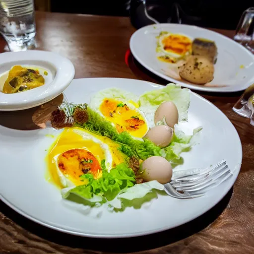 Image similar to aji de gallina, garnished with half boiled eggs and lettuce, michelin star restaurant, award winning photo, food photography, 4 k