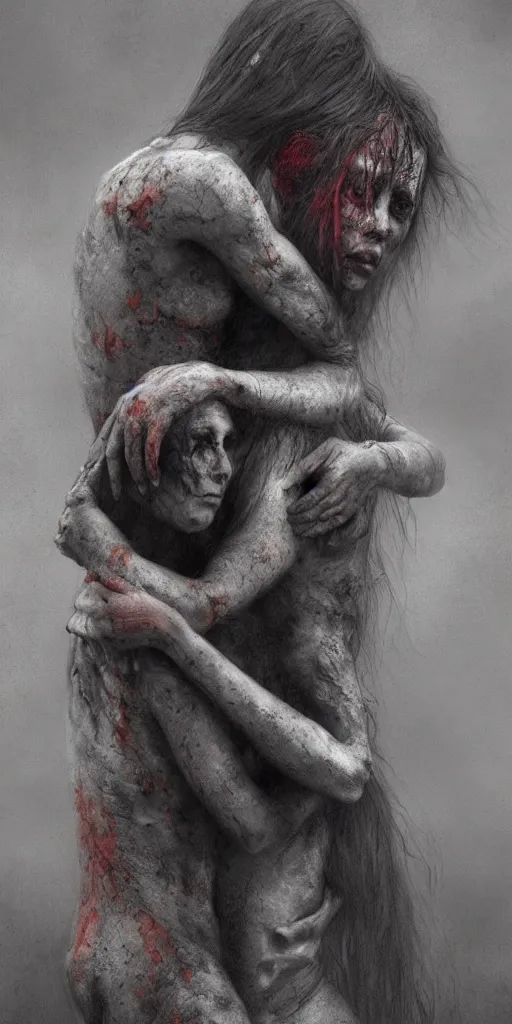 Image similar to death child and women hugging, in the style of keith thompson and zdzislaw beksinski, artstation hd, 8 k, surrealistic digital artwork, post apocalyptic street, new york, psychedelic