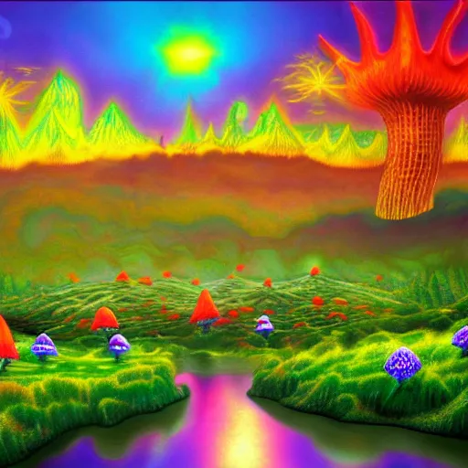 Prompt: psychedelic mushroom kingdom, dmt, landscape, river, trending on artstation, detailed, realistic, photo