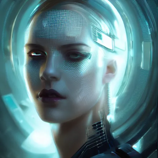 Image similar to portrait of a cyberpunk art deco girl with a vectot grid of light falling on her face, sci-fi, intricate lighting, elegant noir, highly detailed, digital painting, studio portrait, artstation, sharp focus, photo by artgerm and greg rutkowski and Charlie Bowater