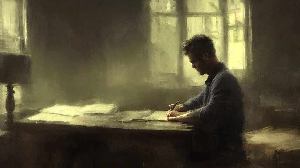 Prompt: a painting of jeremy mann, a close up view of a young man writing on desk, dramatic vignette, dramatic lighting, twilight, dreamy, misty, desaturated, ominous, depressing, unsettling, creepy