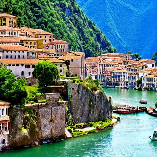 Prompt: Ancient cliffside city with terraces, canals, waterfalls, Rivendell, Machu Picchu, Venice