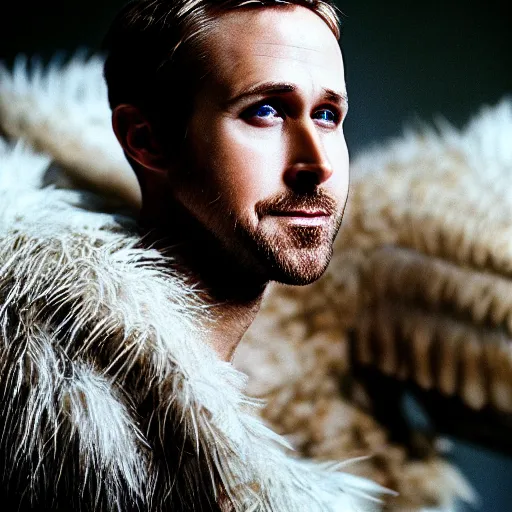 Prompt: closeup portrait of ryan gosling dressed as a goose, feather suit, wings, natural light, sharp, detailed face, magazine, press, photo, steve mccurry, david lazar, canon, nikon, focus