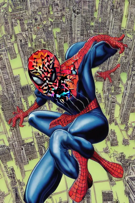Image similar to tobey maguire in a spider - man suit, by yoichi hatakenaka, masamune shirow, josan gonzales and dan mumford, ayami kojima, takato yamamoto, barclay shaw, karol bak, yukito kishiro, highly detailed