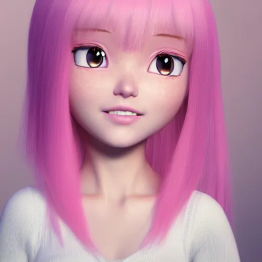 Prompt: A portrait of Nikki from Shining Nikki and Love Nikki, a cute 3d cgi toon young woman with long light pink hair, full bangs, hazel eyes, full round face, light makeup, pale skin, Chinese heritage, in the center midground, medium shot, mid-shot, hyperdetailed, 8k, trending on artstation, as a Pixar character