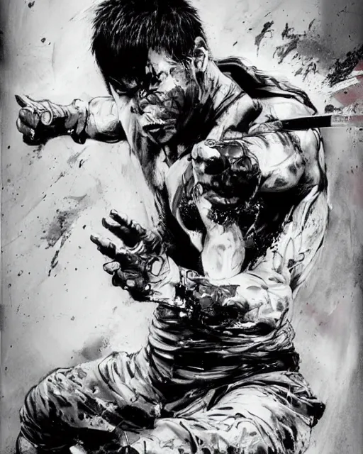 Prompt: Tony Jaa epic fight scene in the style of Yoji Shinkawa, in the style of leonard boyarsky, detailed realistic illustration