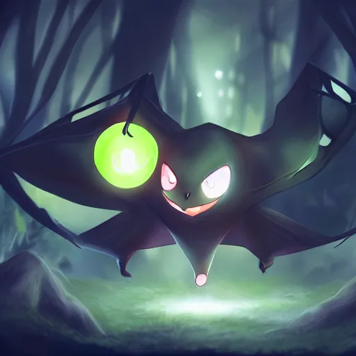 Image similar to a pokemon that looks like bat, bat hanging upside down in a tree, glowing like a light bulb, digital art. trending on art station, unreal engine.