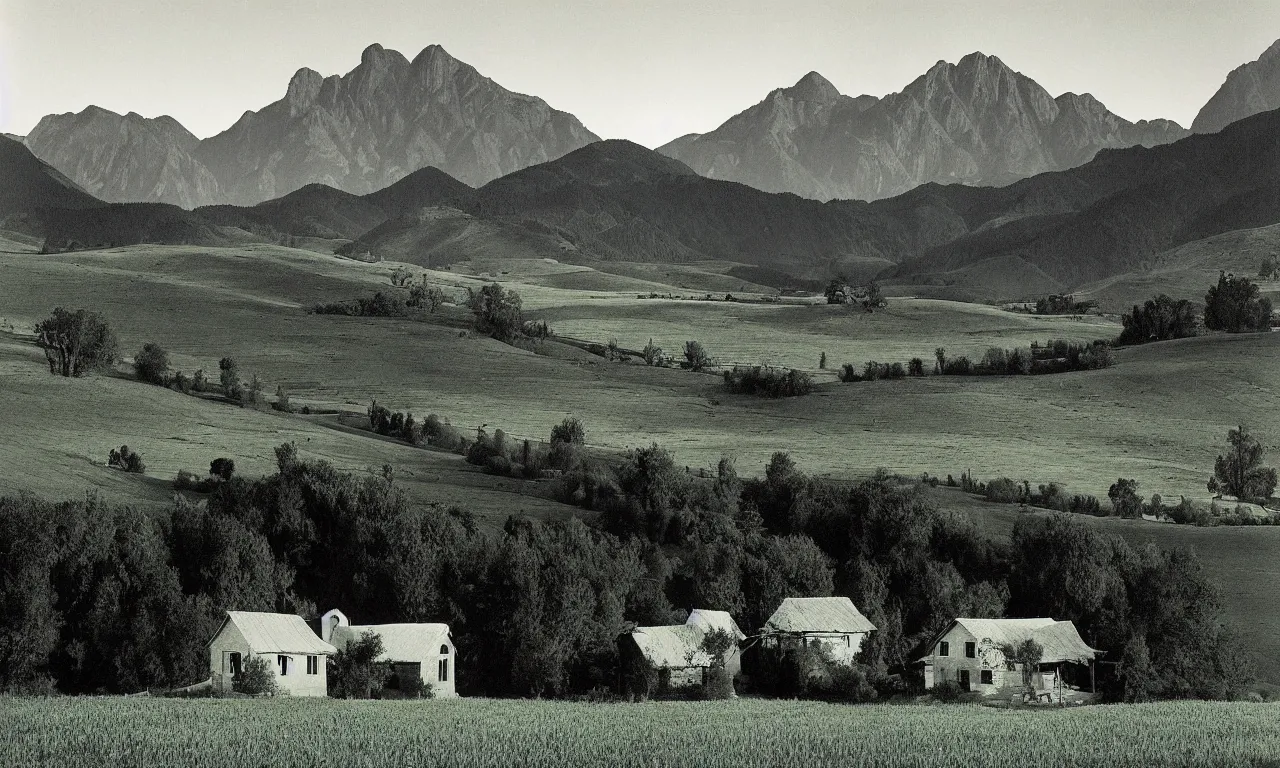 Prompt: photo of a small farm house in a valley with meadows and mountains in the background, photograph by Ansel Adams, at dusk