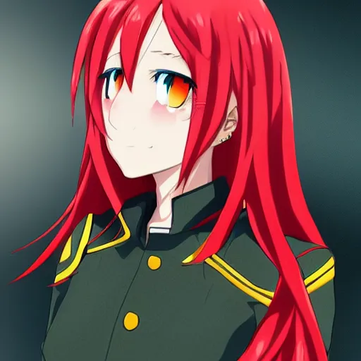 Image similar to anime girl with long red hair as a general, trending on pixiv